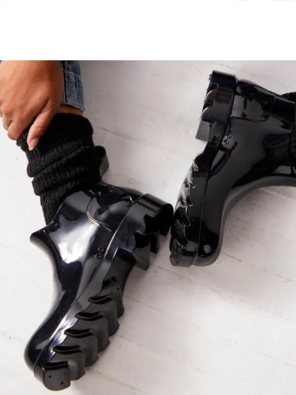 Free People High Street Black Chunky Rain Boots – Glossy Waterproof Style